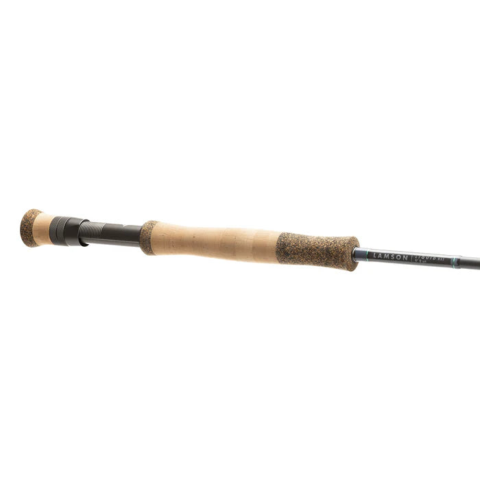 Lamson Liquid Max Fly Rod grip showing cork handle and sleek black reel seat at Freestone Fly Shop