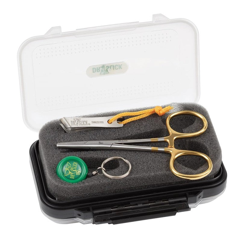Dr. Slick Nipper, Reel &amp; C5G 5" Clamp w/Fly Box featuring gold clamp and compact fly tying tools at Freestone Fly Shop