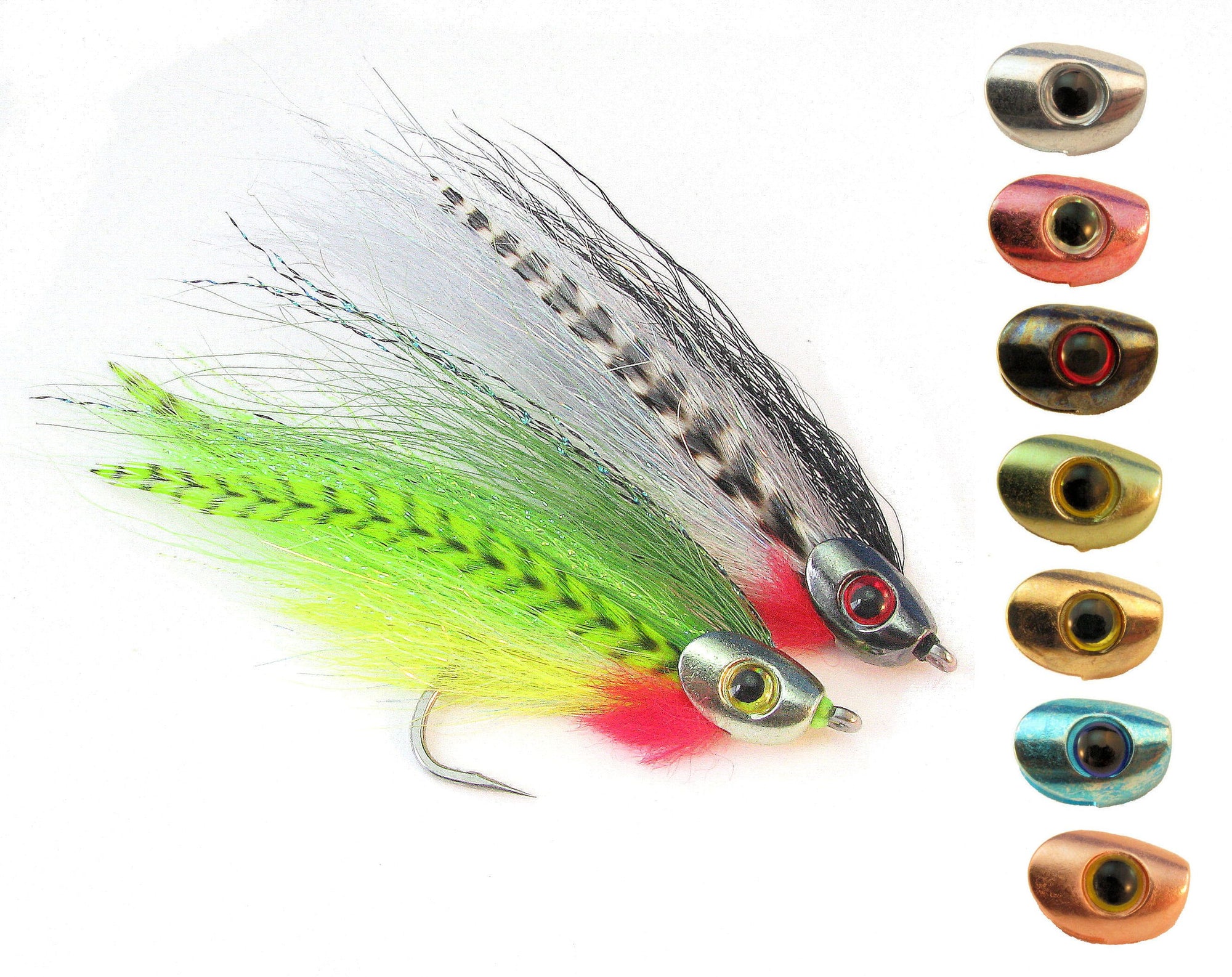 Fish Skull Baitfish Head in various metallic finishes displayed with feathered fly tying patterns at Freestone Fly Shop