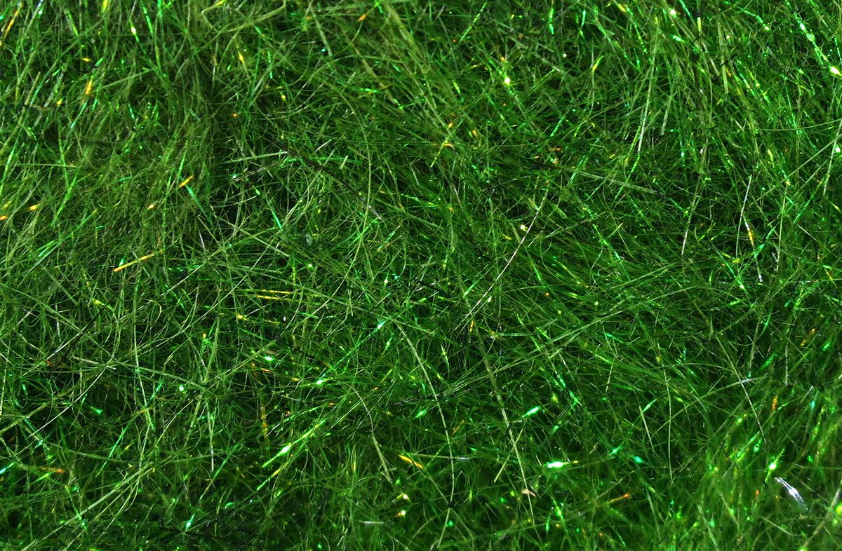 Hare's Ice Dub fibers in bright green with shimmering reflective accents for detailed fly tying at Freestone Fly Shop