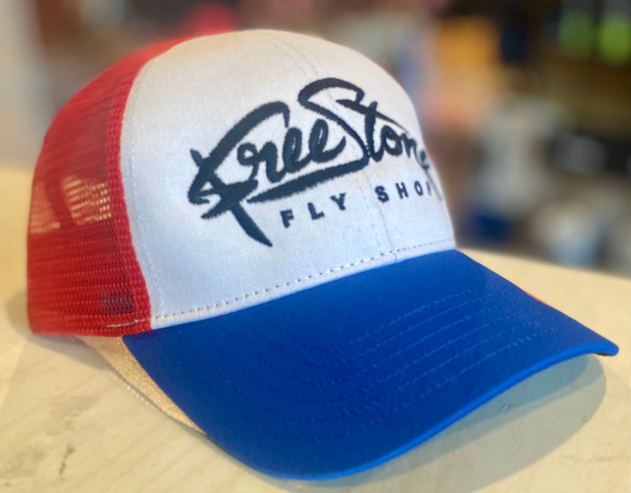 Simms Freestone Logo Trucker Hat - Red/Wht/Blue